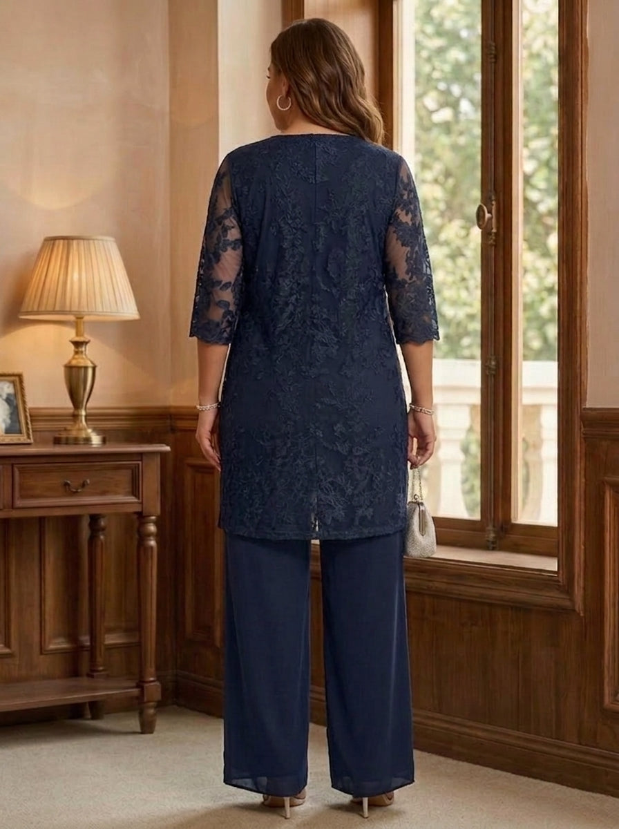 3 Pieces Scoop Chiffon Plus Size Mother of the Bride Pantsuits with Jacket Lace Ankle-Length Floral 3/4 Sleeves