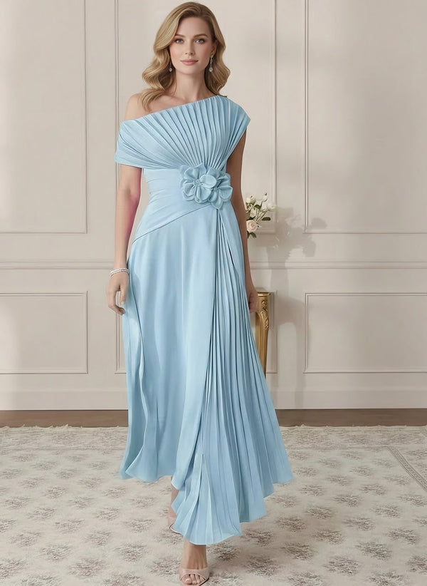 A-Line/Princess One-Shoulder Chiffon Mother of the Bride Dresses Sleeveless Asymmetrical Ankle-Length 3D Flower Pleats Floral