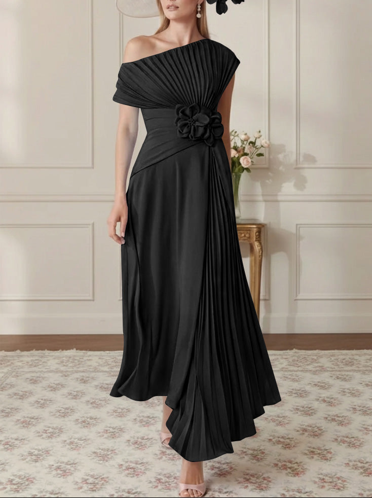 A-Line/Princess One-Shoulder Chiffon Mother of the Bride Dresses Sleeveless Asymmetrical Ankle-Length 3D Flower Pleats Floral