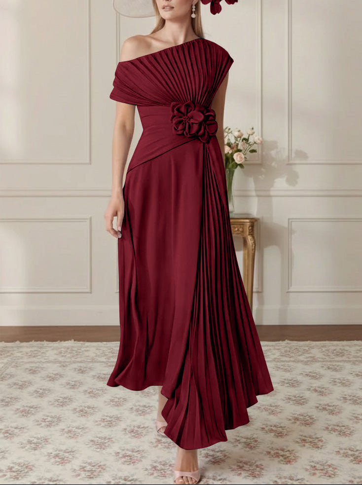 A-Line/Princess One-Shoulder Chiffon Mother of the Bride Dresses Sleeveless Asymmetrical Ankle-Length 3D Flower Pleats Floral