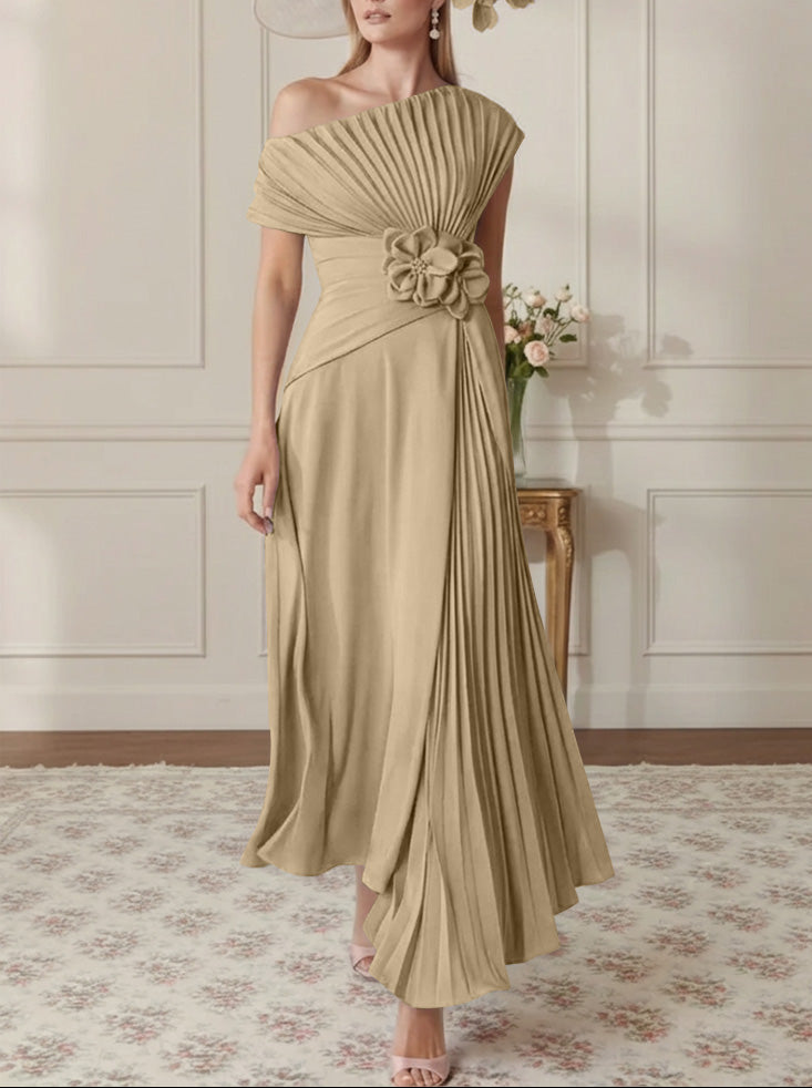 A-Line/Princess One-Shoulder Chiffon Mother of the Bride Dresses Sleeveless Asymmetrical Ankle-Length 3D Flower Pleats Floral
