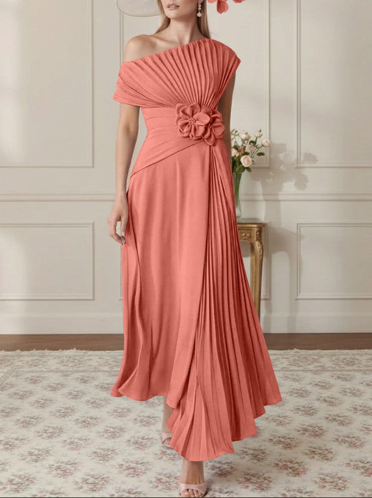 A-Line/Princess One-Shoulder Chiffon Mother of the Bride Dresses Sleeveless Asymmetrical Ankle-Length 3D Flower Pleats