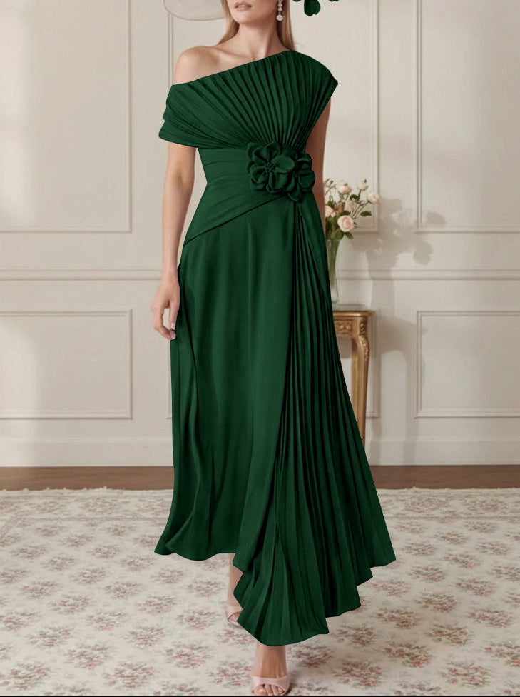 A-Line/Princess One-Shoulder Chiffon Mother of the Bride Dresses Sleeveless Asymmetrical Ankle-Length 3D Flower Pleats Floral