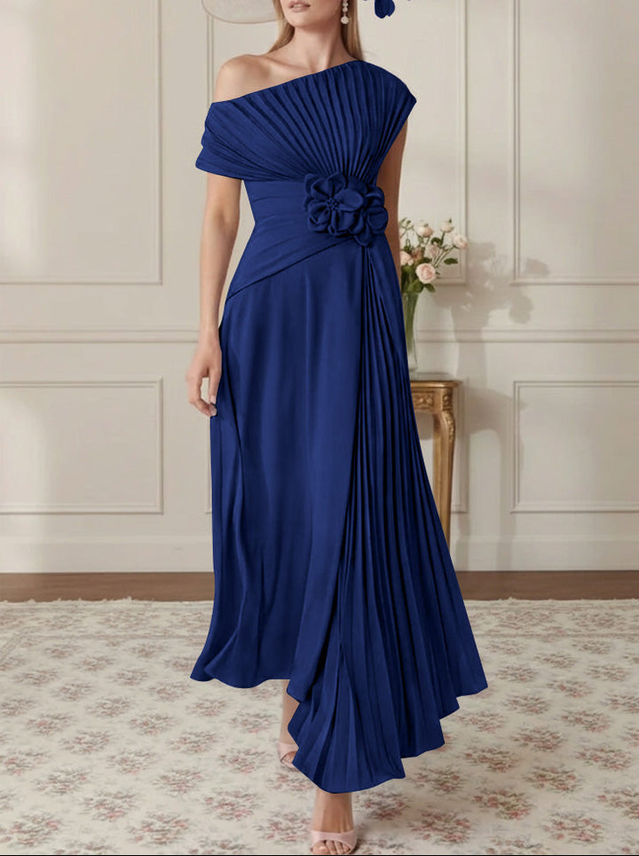 A-Line/Princess One-Shoulder Chiffon Mother of the Bride Dresses Sleeveless Asymmetrical Ankle-Length 3D Flower Pleats