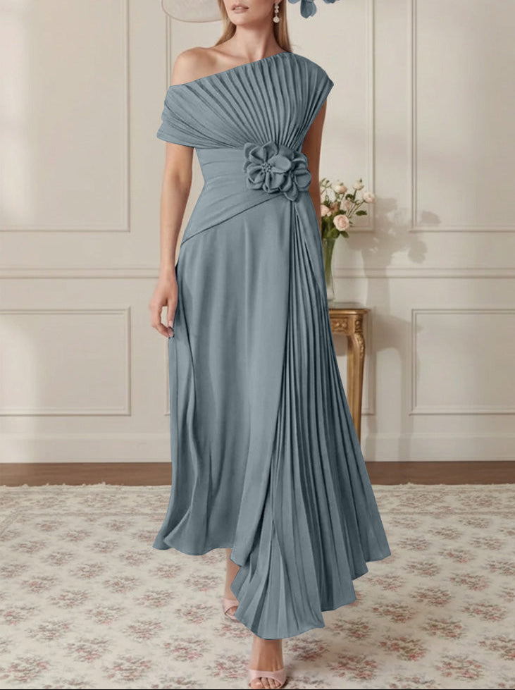 A-Line/Princess One-Shoulder Chiffon Mother of the Bride Dresses Sleeveless Asymmetrical Ankle-Length 3D Flower Pleats Floral