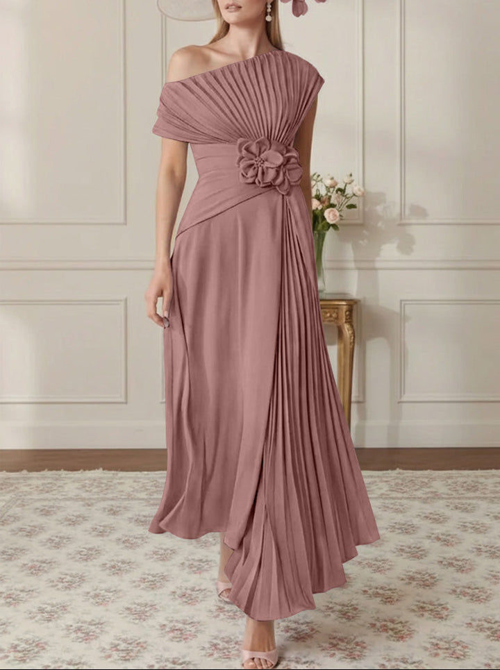 A-Line/Princess One-Shoulder Chiffon Mother of the Bride Dresses Sleeveless Asymmetrical Ankle-Length 3D Flower Pleats