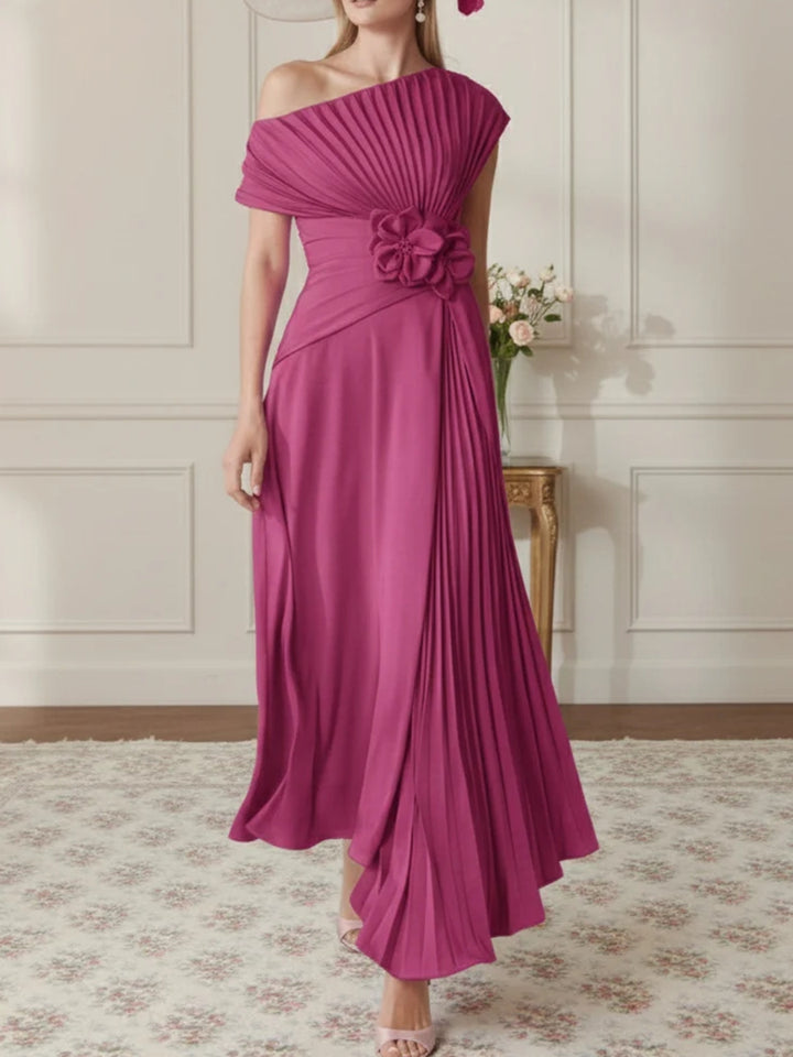 A-Line/Princess One-Shoulder Chiffon Mother of the Bride Dresses Sleeveless Asymmetrical Ankle-Length 3D Flower Pleats