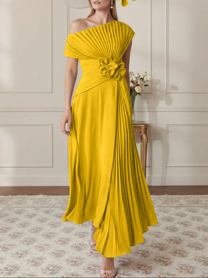 A-Line/Princess One-Shoulder Chiffon Mother of the Bride Dresses Sleeveless Asymmetrical Ankle-Length 3D Flower Pleats Floral