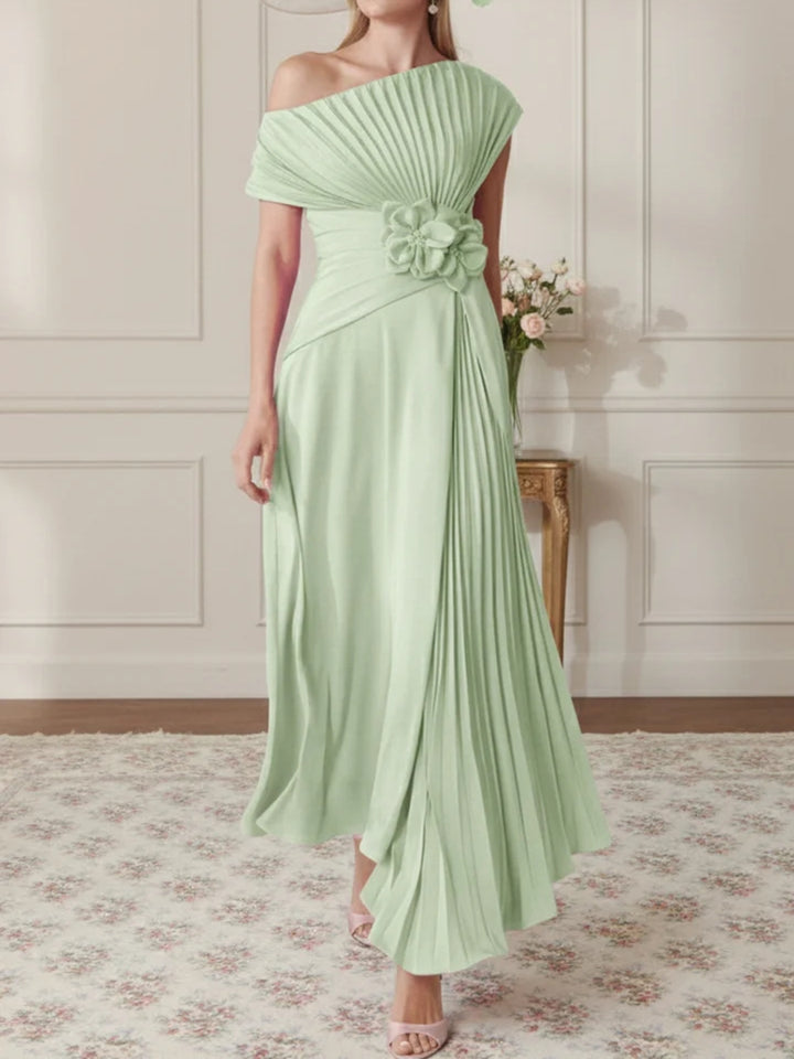 A-Line/Princess One-Shoulder Chiffon Mother of the Bride Dresses Sleeveless Asymmetrical Ankle-Length 3D Flower Pleats