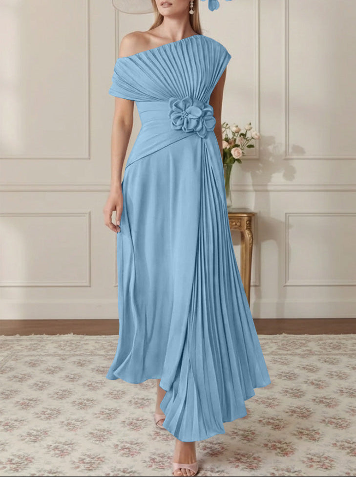 A-Line/Princess One-Shoulder Chiffon Mother of the Bride Dresses Sleeveless Asymmetrical Ankle-Length 3D Flower Pleats