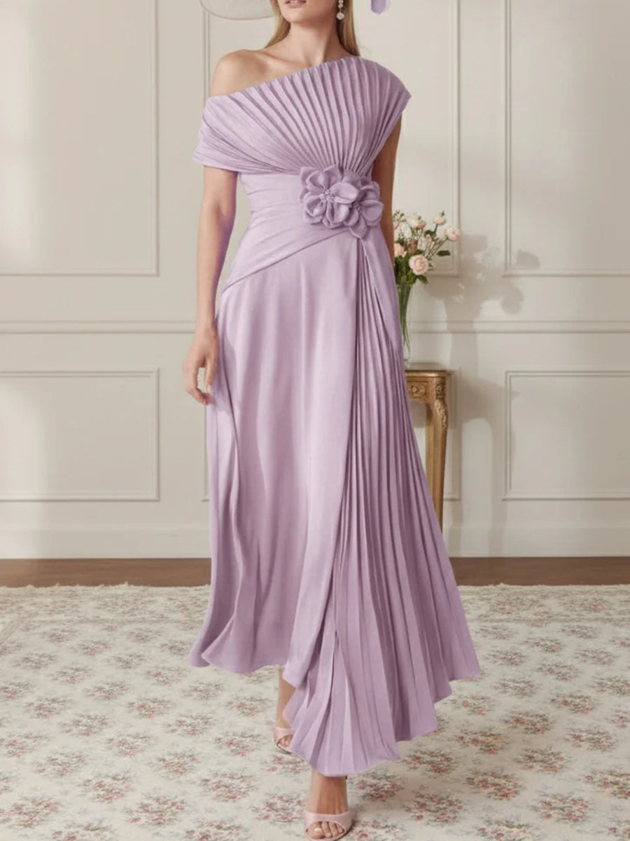 A-Line/Princess One-Shoulder Chiffon Mother of the Bride Dresses Sleeveless Asymmetrical Ankle-Length 3D Flower Pleats