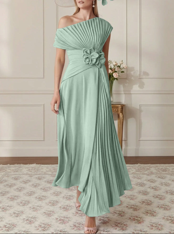 A-Line/Princess One-Shoulder Chiffon Mother of the Bride Dresses Sleeveless Asymmetrical Ankle-Length 3D Flower Pleats