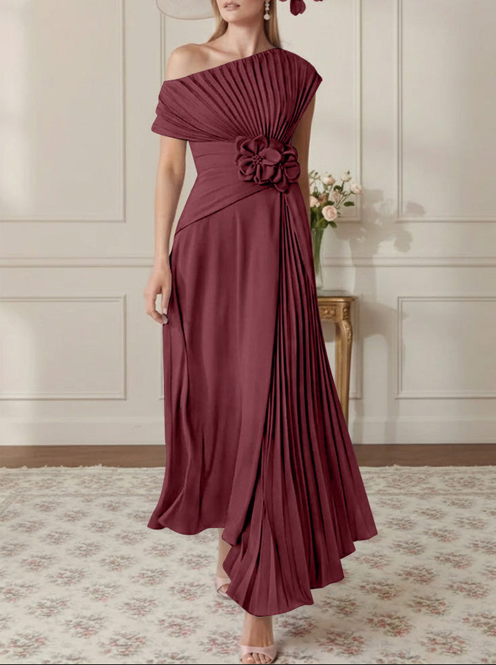 A-Line/Princess One-Shoulder Chiffon Mother of the Bride Dresses Sleeveless Asymmetrical Ankle-Length 3D Flower Pleats