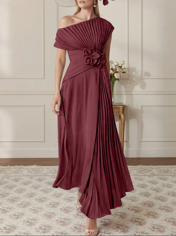 A-Line/Princess One-Shoulder Chiffon Mother of the Bride Dresses Sleeveless Asymmetrical Ankle-Length 3D Flower Pleats Floral