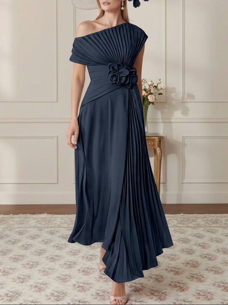 A-Line/Princess One-Shoulder Chiffon Mother of the Bride Dresses Sleeveless Asymmetrical Ankle-Length 3D Flower Pleats