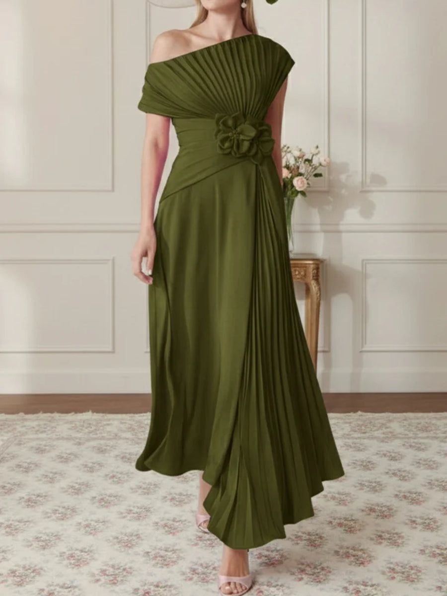 A-Line/Princess One-Shoulder Chiffon Mother of the Bride Dresses Sleeveless Asymmetrical Ankle-Length 3D Flower Pleats