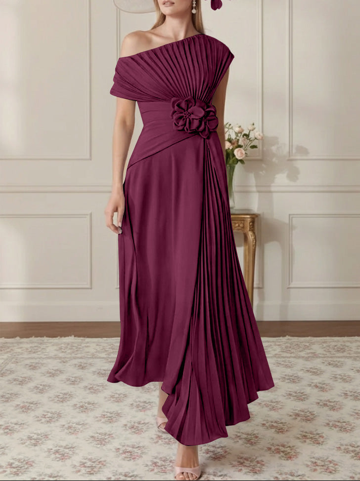 A-Line/Princess One-Shoulder Chiffon Mother of the Bride Dresses Sleeveless Asymmetrical Ankle-Length 3D Flower Pleats