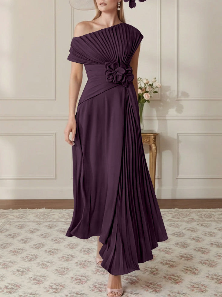 A-Line/Princess One-Shoulder Chiffon Mother of the Bride Dresses Sleeveless Asymmetrical Ankle-Length 3D Flower Pleats Floral