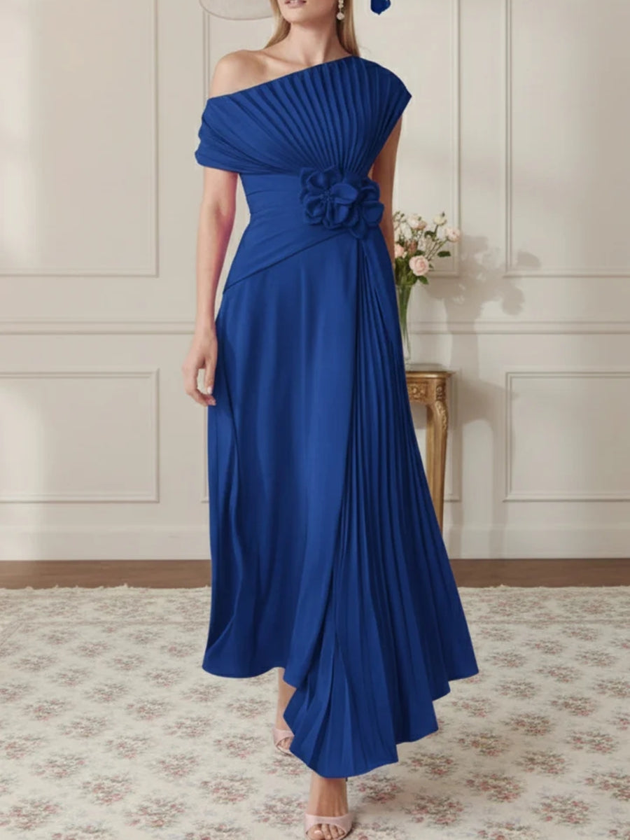 A-Line/Princess One-Shoulder Chiffon Mother of the Bride Dresses Sleeveless Asymmetrical Ankle-Length 3D Flower Pleats Floral