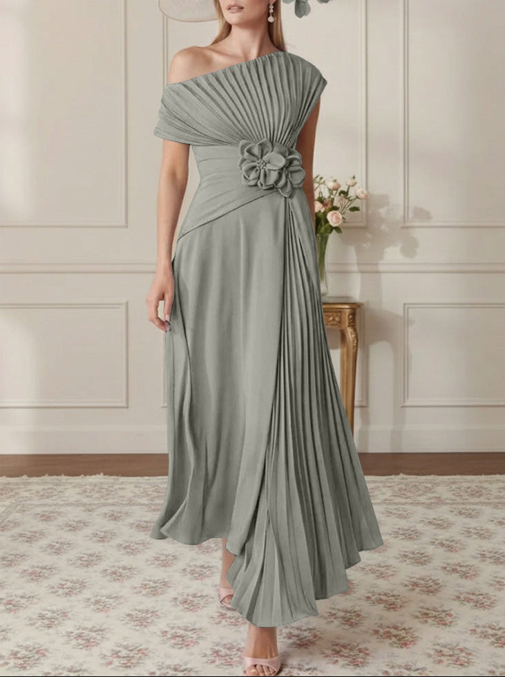 A-Line/Princess One-Shoulder Chiffon Mother of the Bride Dresses Sleeveless Asymmetrical Ankle-Length 3D Flower Pleats Floral