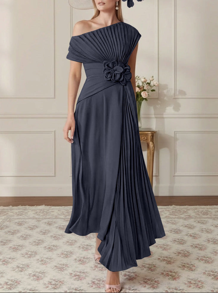 A-Line/Princess One-Shoulder Chiffon Mother of the Bride Dresses Sleeveless Asymmetrical Ankle-Length 3D Flower Pleats