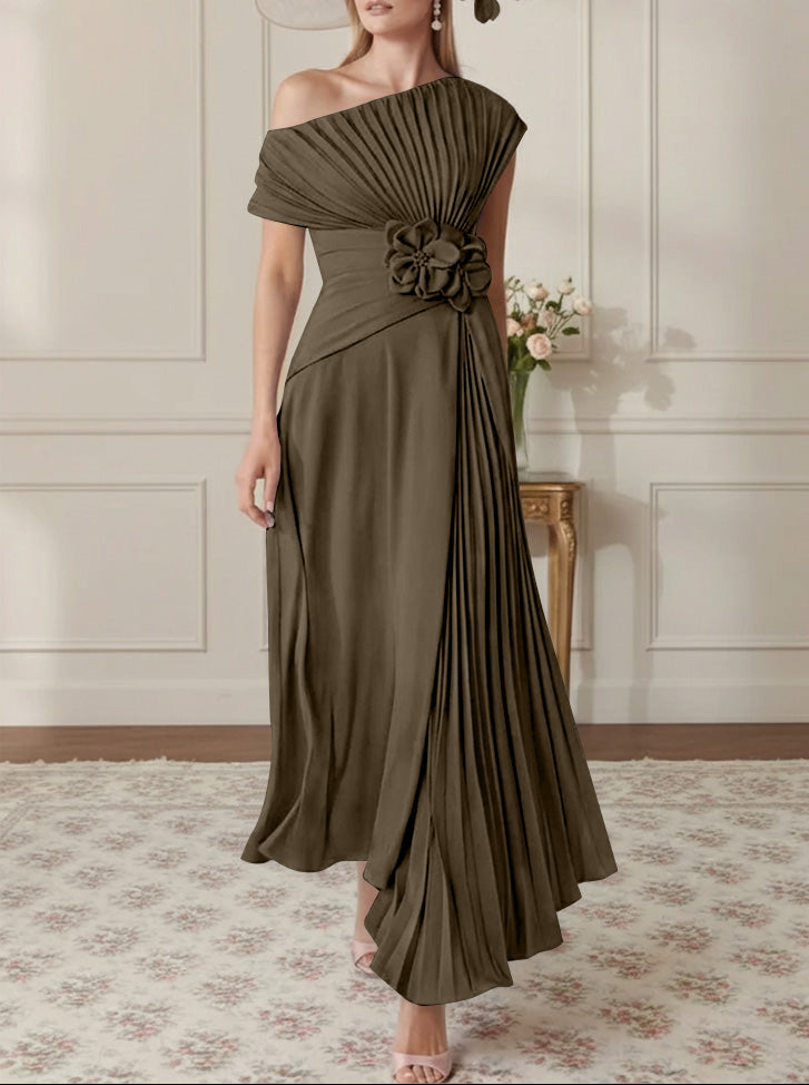 A-Line/Princess One-Shoulder Chiffon Mother of the Bride Dresses Sleeveless Asymmetrical Ankle-Length 3D Flower Pleats