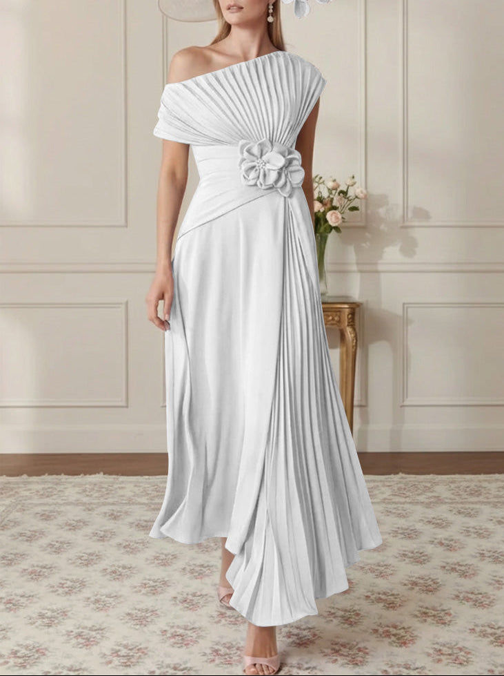 A-Line/Princess One-Shoulder Chiffon Mother of the Bride Dresses Sleeveless Asymmetrical Ankle-Length 3D Flower Pleats