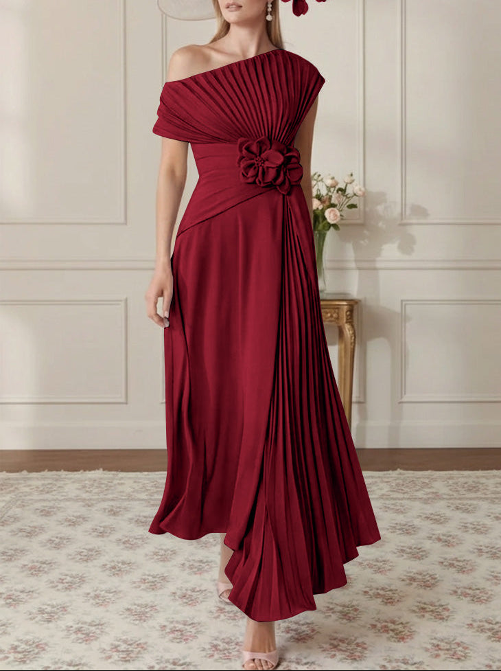A-Line/Princess One-Shoulder Chiffon Mother of the Bride Dresses Sleeveless Asymmetrical Ankle-Length 3D Flower Pleats