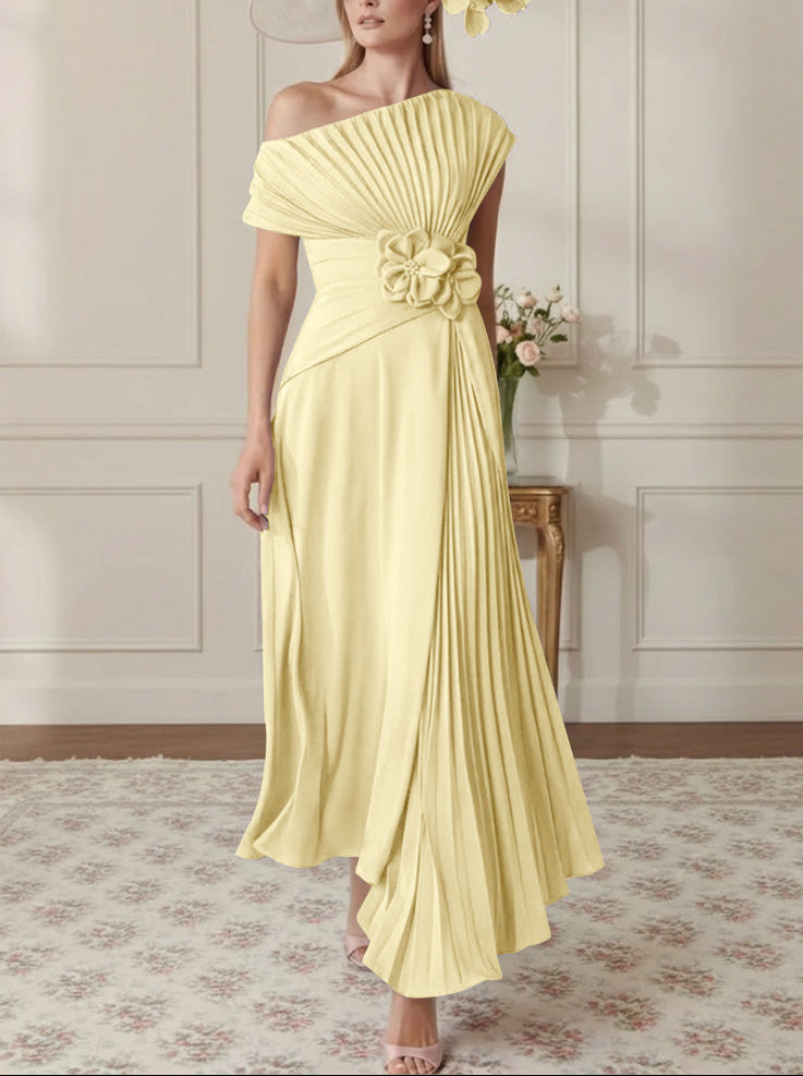 A-Line/Princess One-Shoulder Chiffon Mother of the Bride Dresses Sleeveless Asymmetrical Ankle-Length 3D Flower Pleats