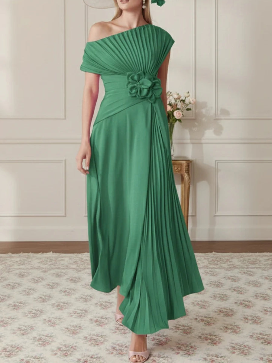 A-Line/Princess One-Shoulder Chiffon Mother of the Bride Dresses Sleeveless Asymmetrical Ankle-Length 3D Flower Pleats Floral