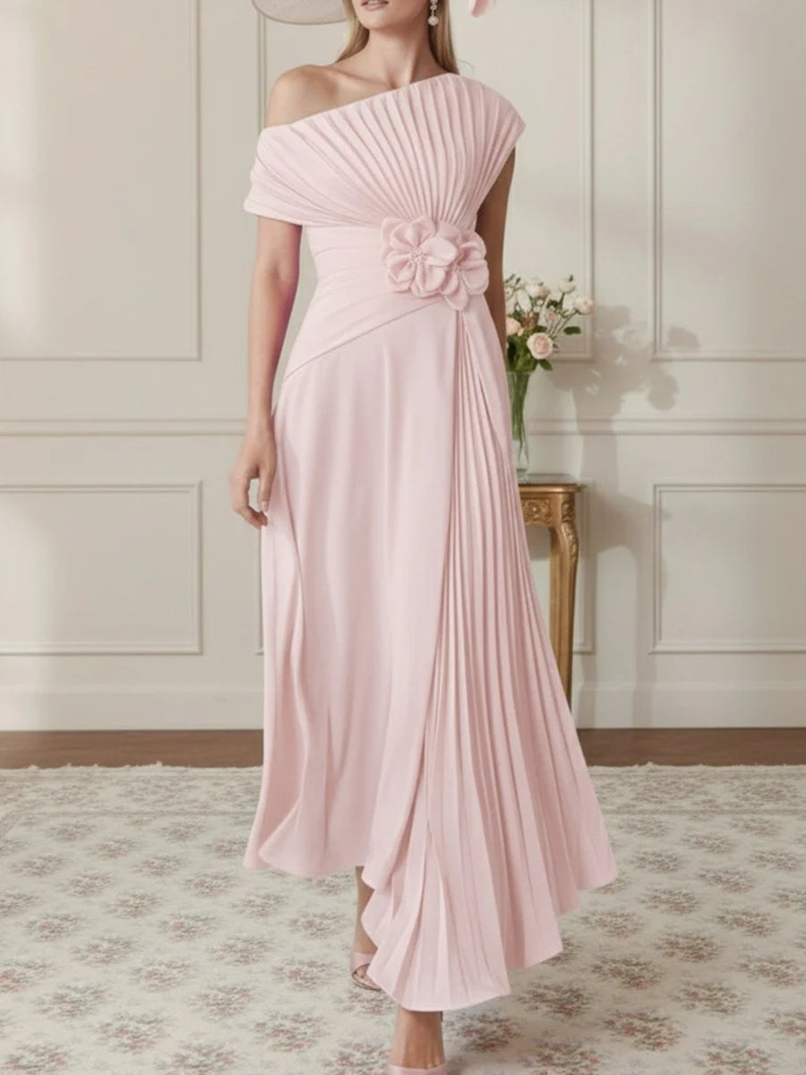 A-Line/Princess One-Shoulder Chiffon Mother of the Bride Dresses Sleeveless Asymmetrical Ankle-Length 3D Flower Pleats Floral