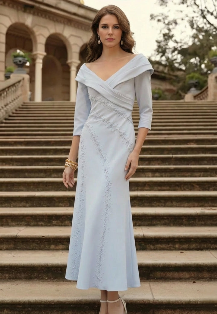Trumpet/Mermaid Off-the-Shoulder Stretch Satin Mother of the Bride Dresses Ankle-Length 3/4 Sleeves Beading
