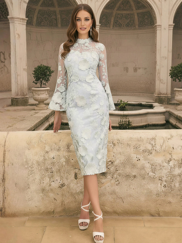 Sheath/Column High Neck Lace Floral Mother of the Bride Dresses Long Sleeves Tea-Length