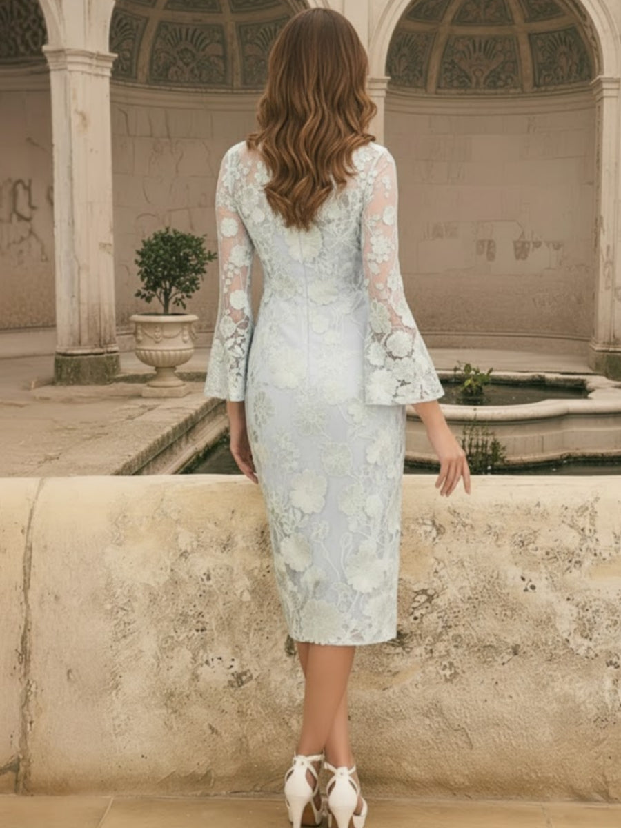 Sheath/Column High Neck Lace Floral Mother of the Bride Dresses Long Sleeves Tea-Length