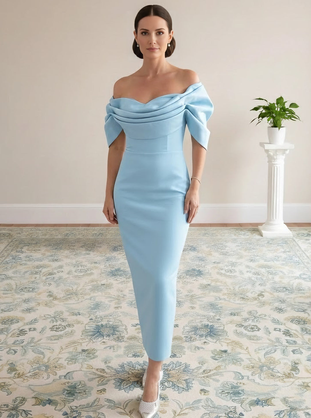 Sheath/Column Off-the-Shoulder Stretch Satin Mother of the Bride Dresses Ankle-Length Short Sleeves Ruched