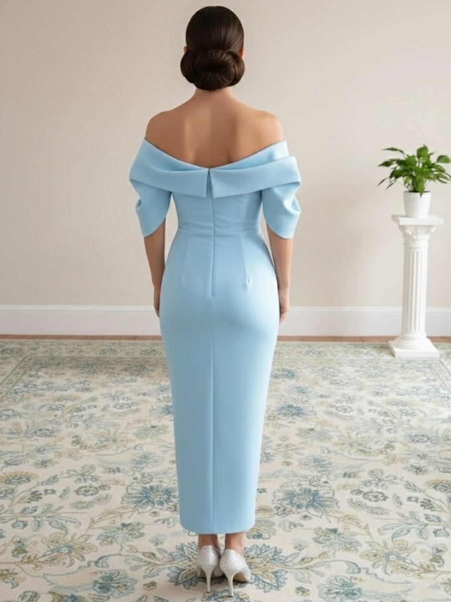 Sheath/Column Off-the-Shoulder Stretch Satin Mother of the Bride Dresses Ankle-Length Short Sleeves Ruched