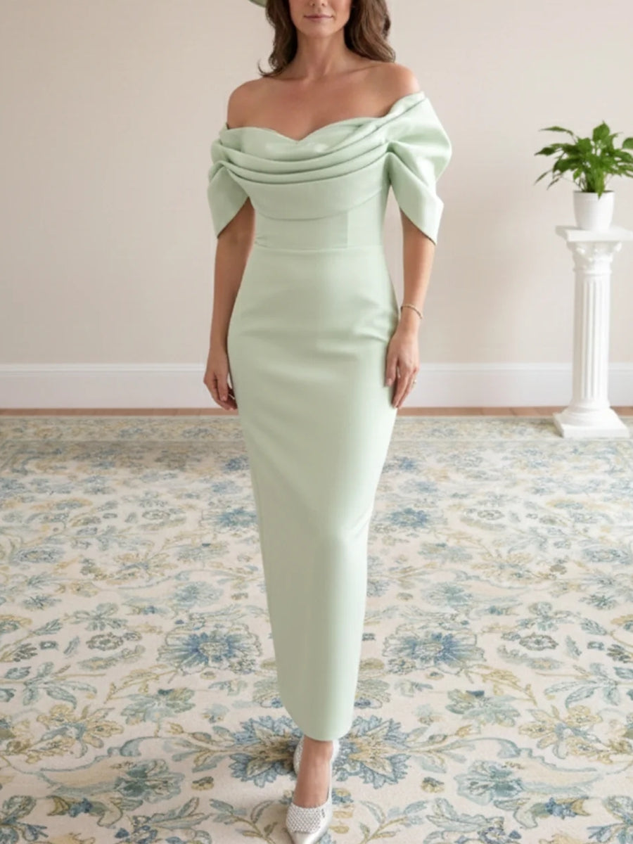 Sheath/Column Off-the-Shoulder Stretch Satin Mother of the Bride Dresses Ankle-Length Short Sleeves Ruched