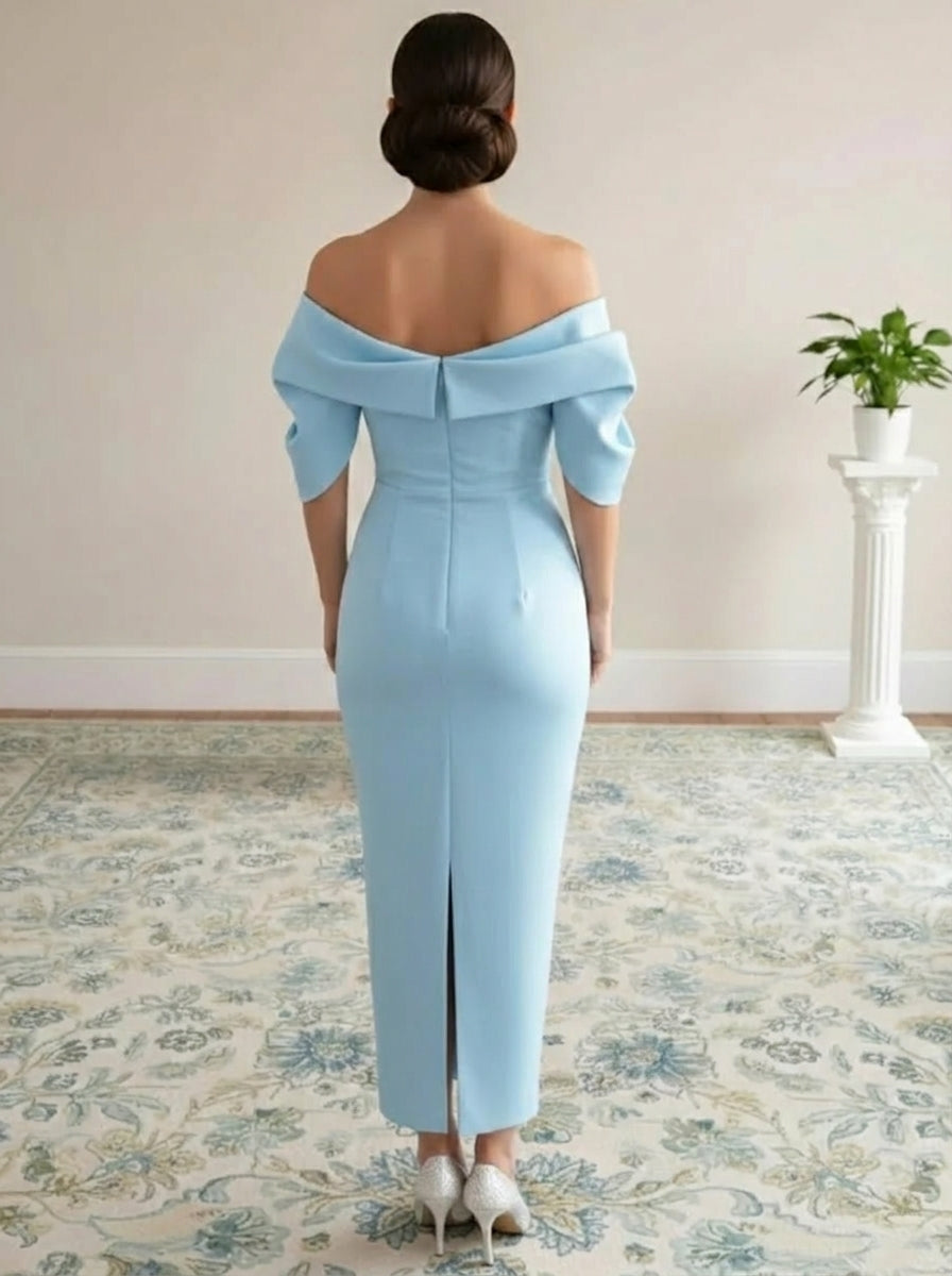 Sheath/Column Off-the-Shoulder Stretch Satin Mother of the Bride Dresses Ankle-Length Short Sleeves Ruched