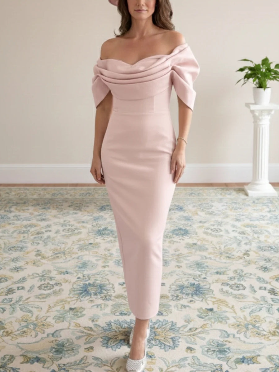 Sheath/Column Off-the-Shoulder Stretch Satin Mother of the Bride Dresses Ankle-Length Short Sleeves Ruched