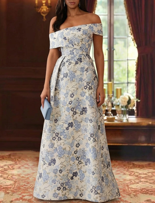 A-Line/Princess Off-the-Shoulder Printed Satin Mother of the Bride Dresses Sleeveless Floral Floor-Length