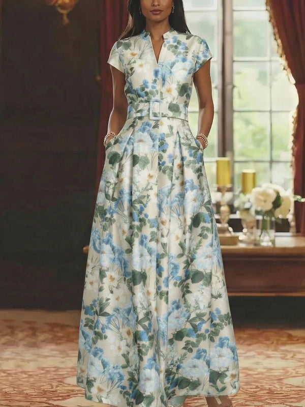 A-Line/Princess V-Neck Mother of the Bride Dresses Printed Satin Short Sleeves Floral Floor-Length
