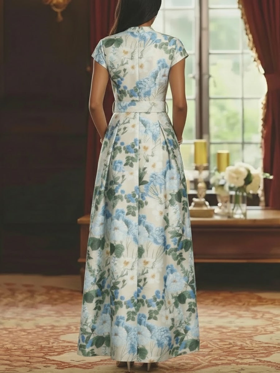 A-Line/Princess V-Neck Mother of the Bride Dresses Printed Satin Short Sleeves Floral Floor-Length