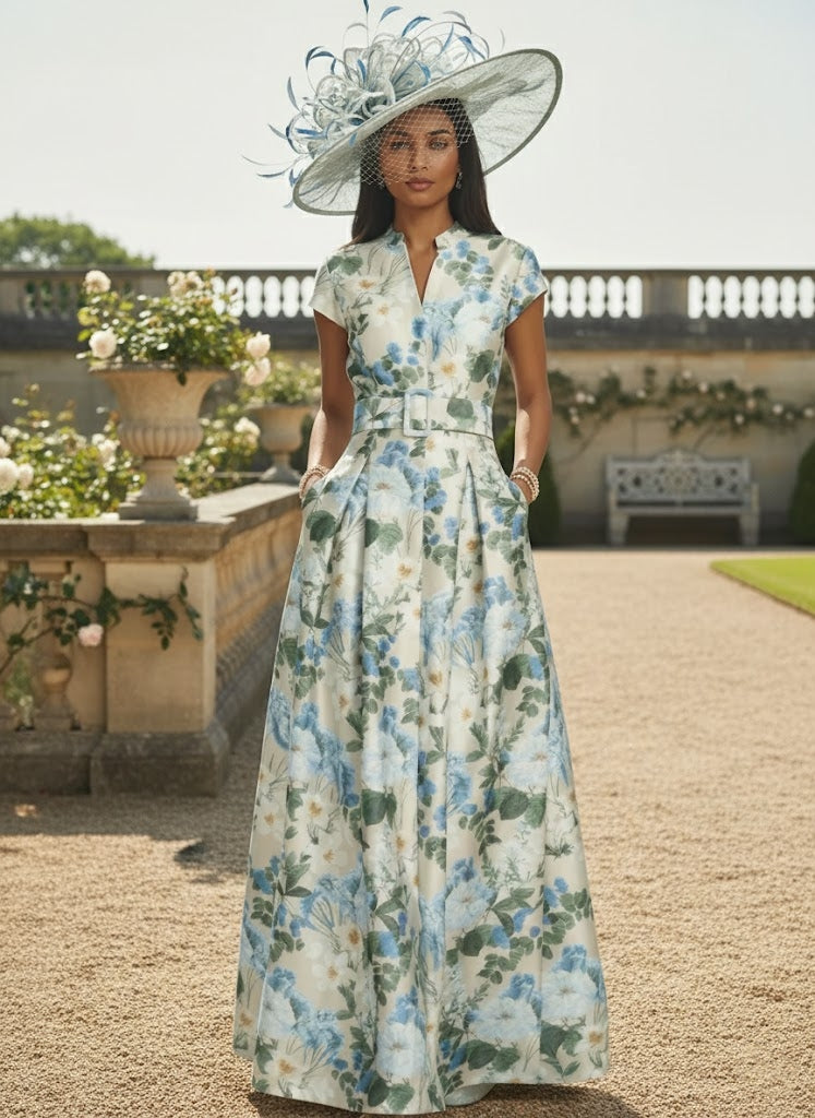 A-Line/Princess V-Neck Mother of the Bride Dresses Printed Satin Short Sleeves Floral Floor-Length