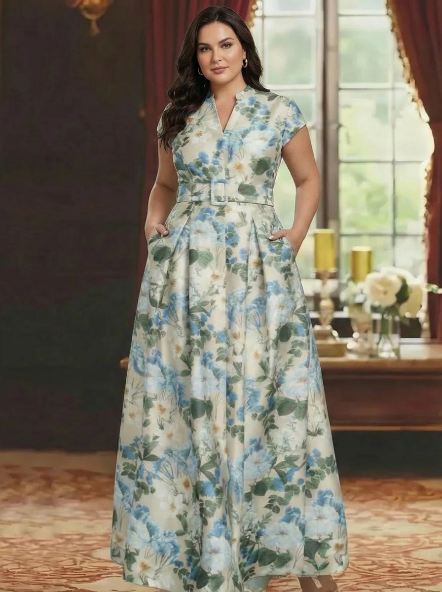 A-Line/Princess V-Neck Plus Size Mother of the Bride Dresses Printed Satin Short Sleeves Floral Floor-Length