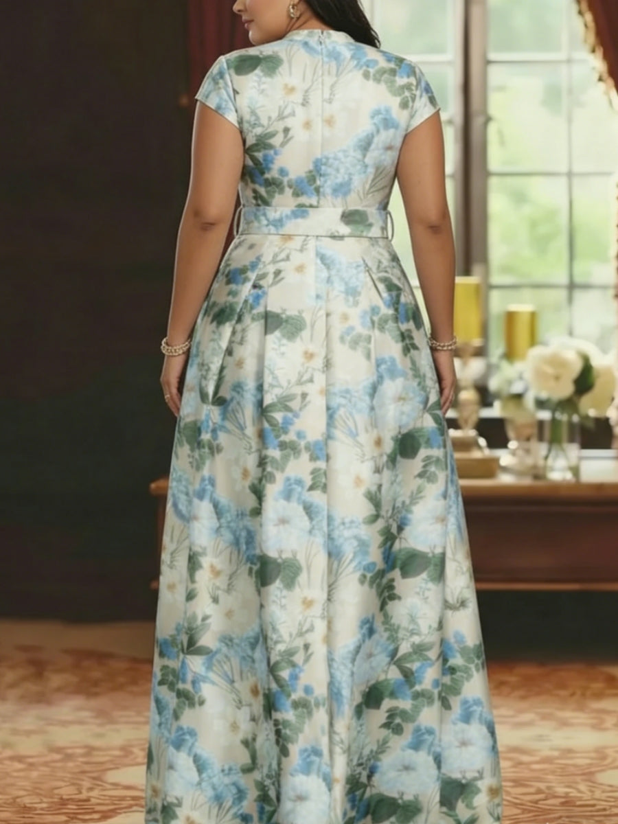 A-Line/Princess V-Neck Plus Size Mother of the Bride Dresses Printed Satin Short Sleeves Floral Floor-Length