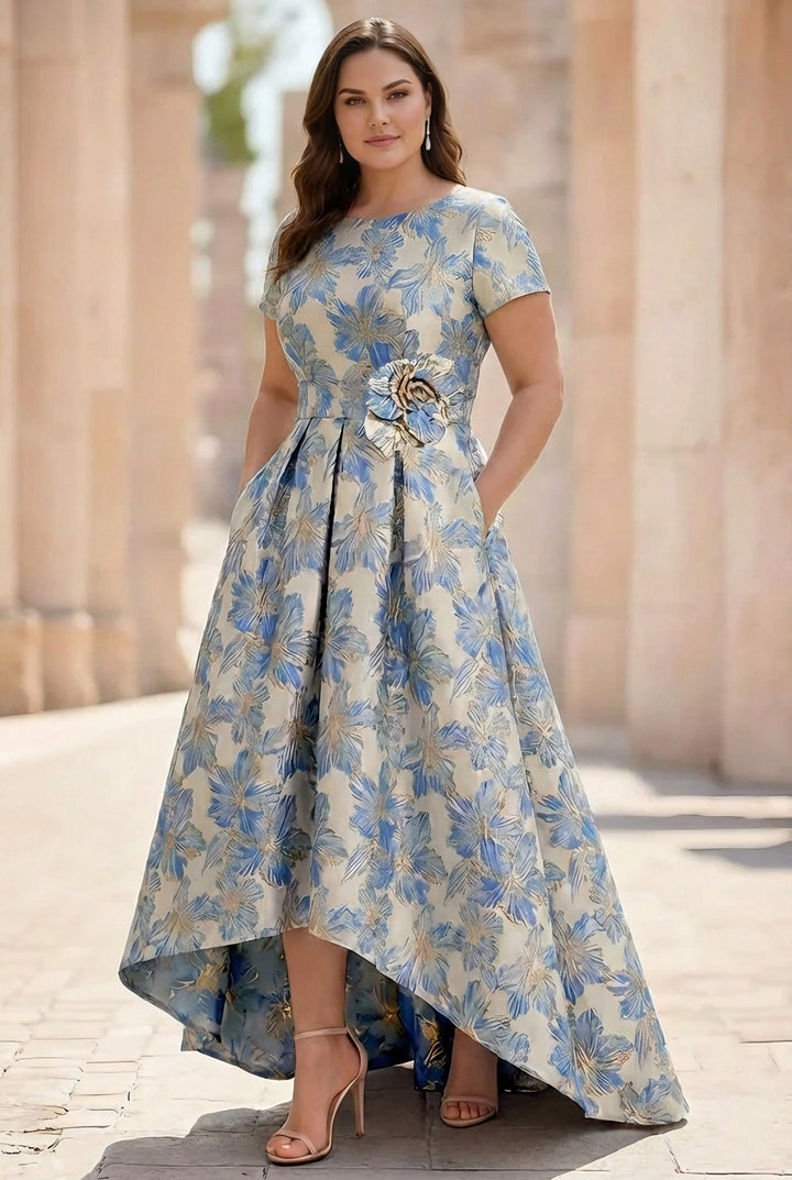 A-Line/Princess Scoop Printed Satin Plus Size Mother of the Bride Dresses Short Sleeves Floral Asymmetrical Ankle-Length 3D Flower Pocket