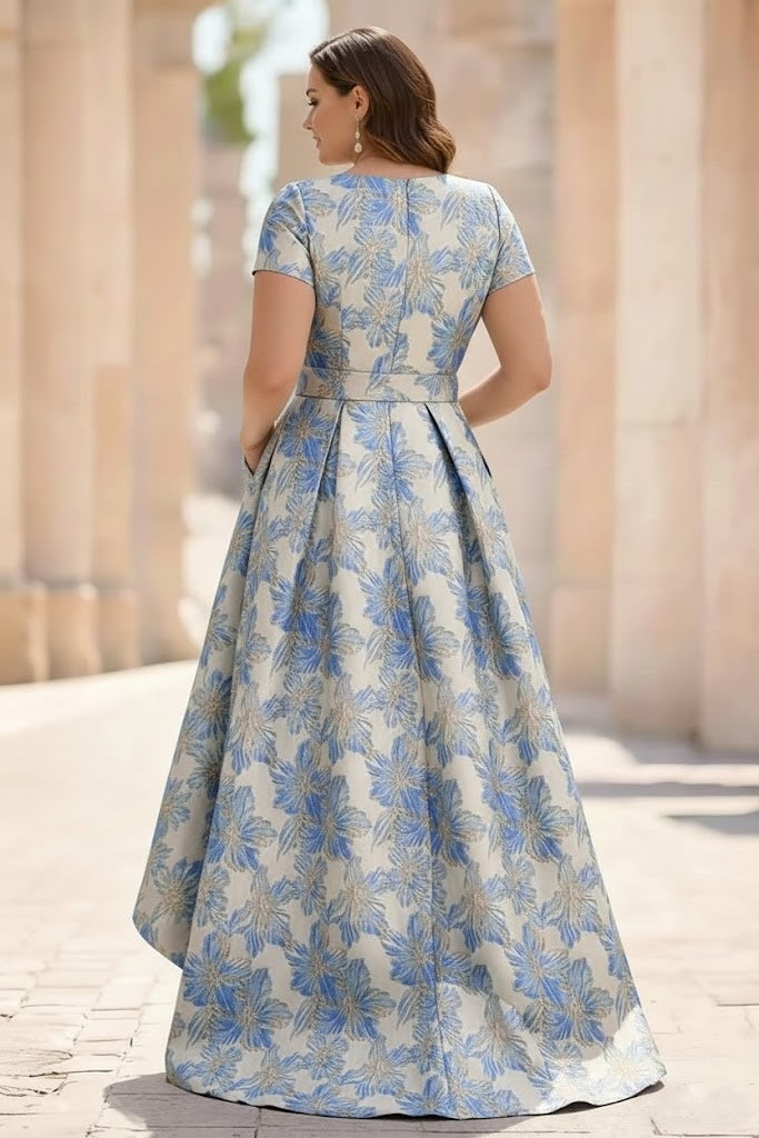 A-Line/Princess Scoop Printed Satin Plus Size Mother of the Bride Dresses Short Sleeves Floral Asymmetrical Ankle-Length 3D Flower Pocket