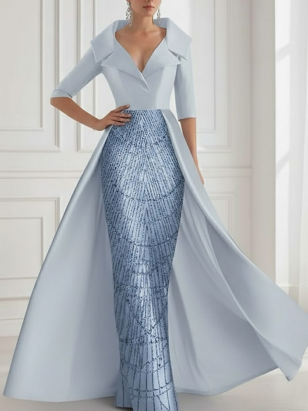 A-Line/Princess Shirt Collar Satin Mother of the Bride Dresses with Overskirt Sequins Sparkle Half Sleeves Floor-Length