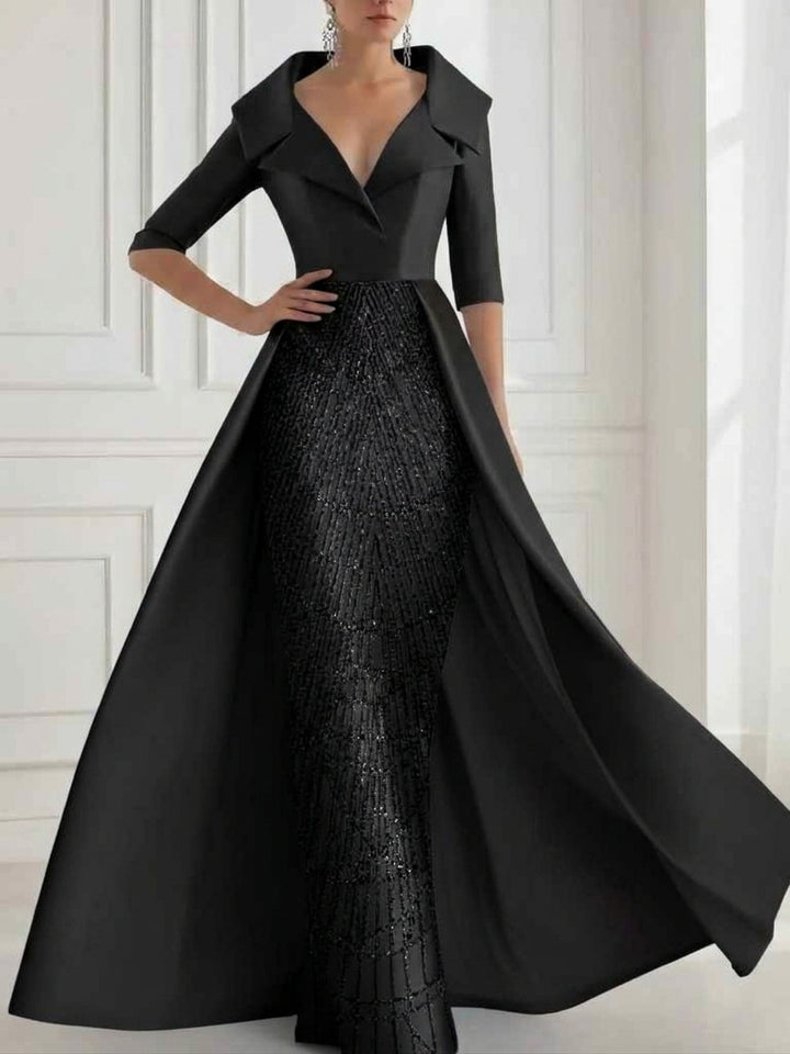 A-Line/Princess Shirt Collar Satin Mother of the Bride Dresses with Overskirt Sequins Sparkle Half Sleeves Floor-Length
