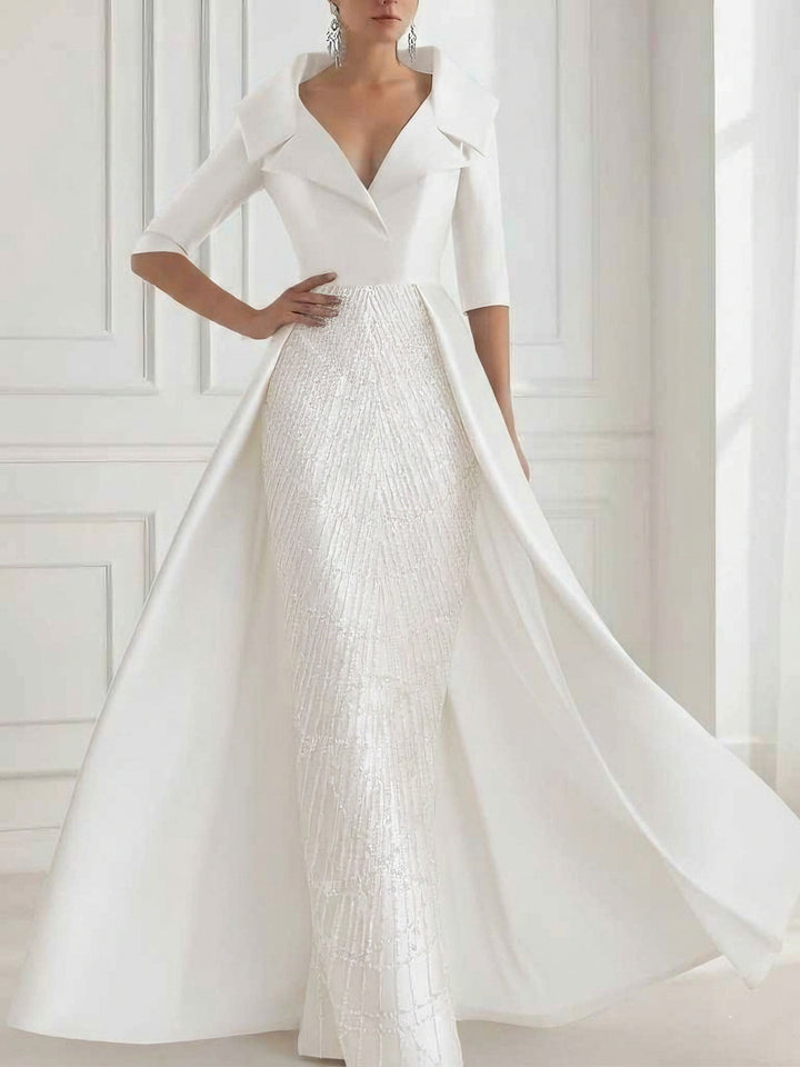 A-Line/Princess Shirt Collar Satin Mother of the Bride Dresses with Overskirt Sequins Sparkle Half Sleeves Floor-Length